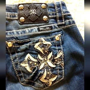 Embroidered Skinny Jeans Embellished w/Bling & Leather Cross